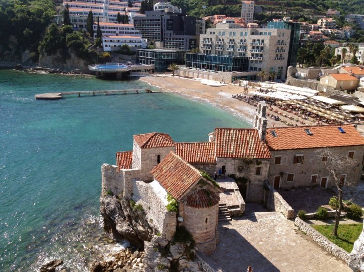 One of the beaches in Budva, viewed from the citadel.